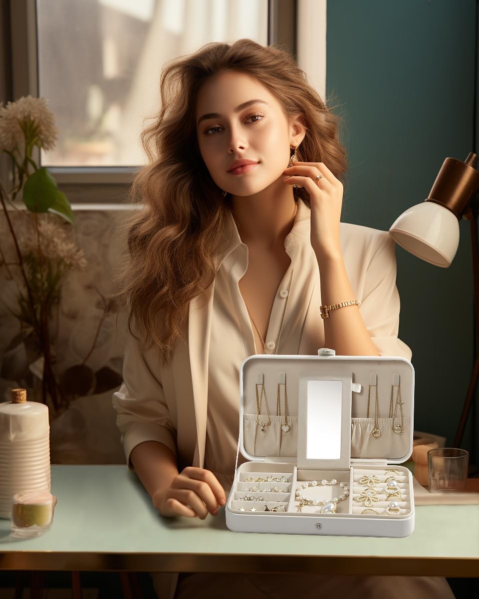 Travel Jewelry Case - Portable Organizer with 1 Layer in White