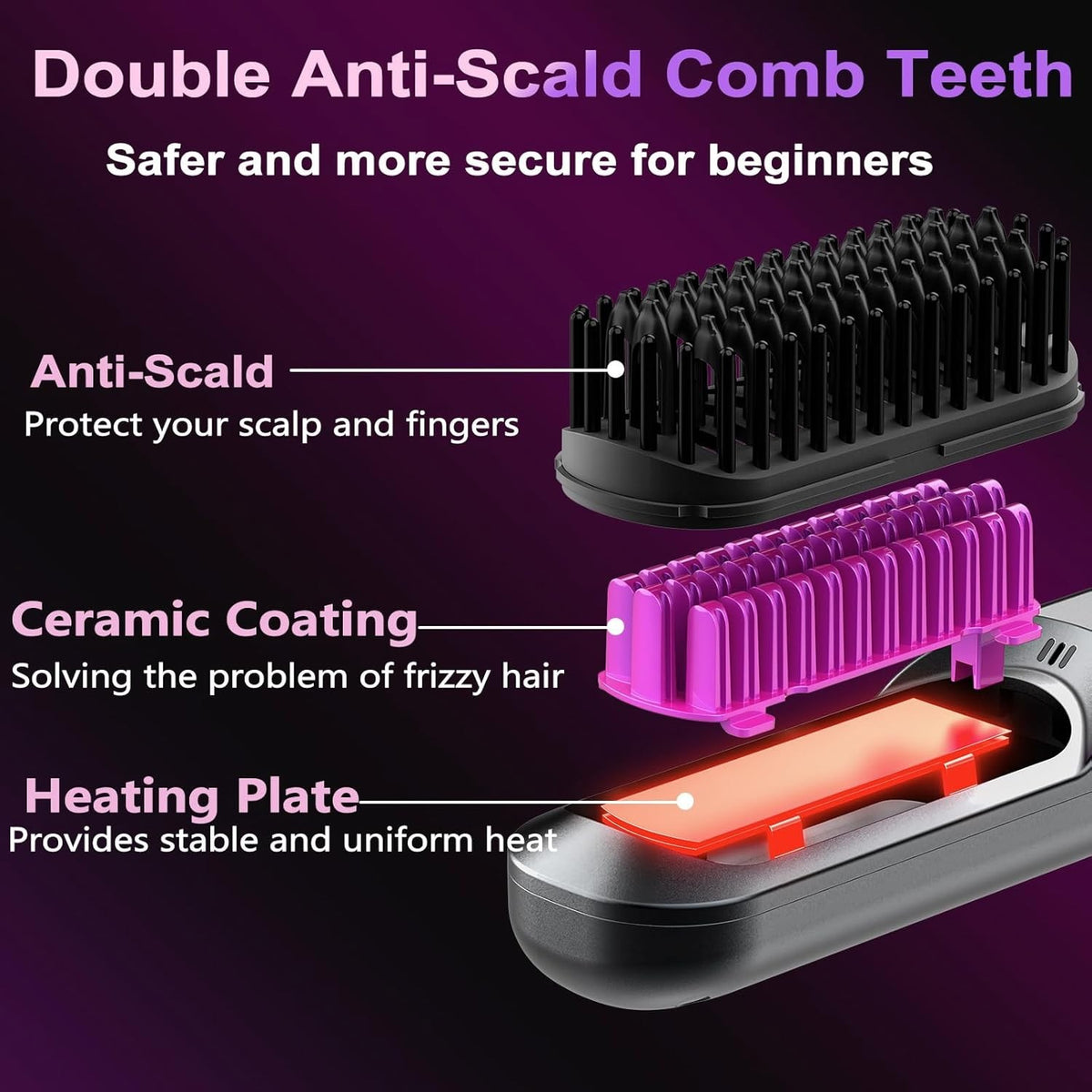 Cordless Ionic Ceramic Hair Straightener Brush for Thick & Curly Hair