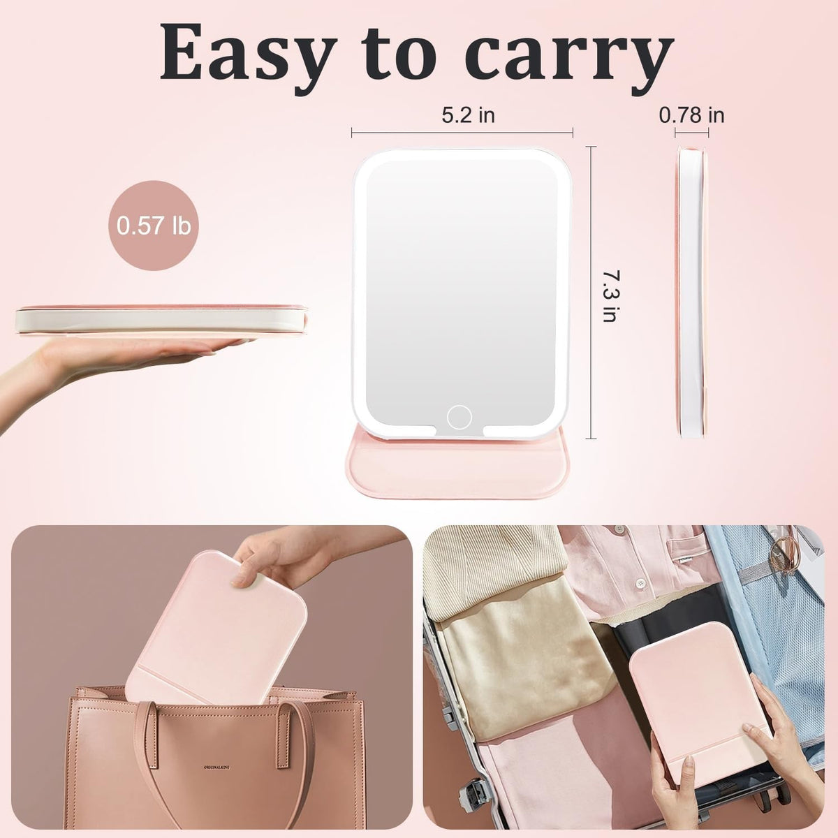 Rechargeable LED Travel Mirror with Lights, Dimmable Touch Screen - Pink
