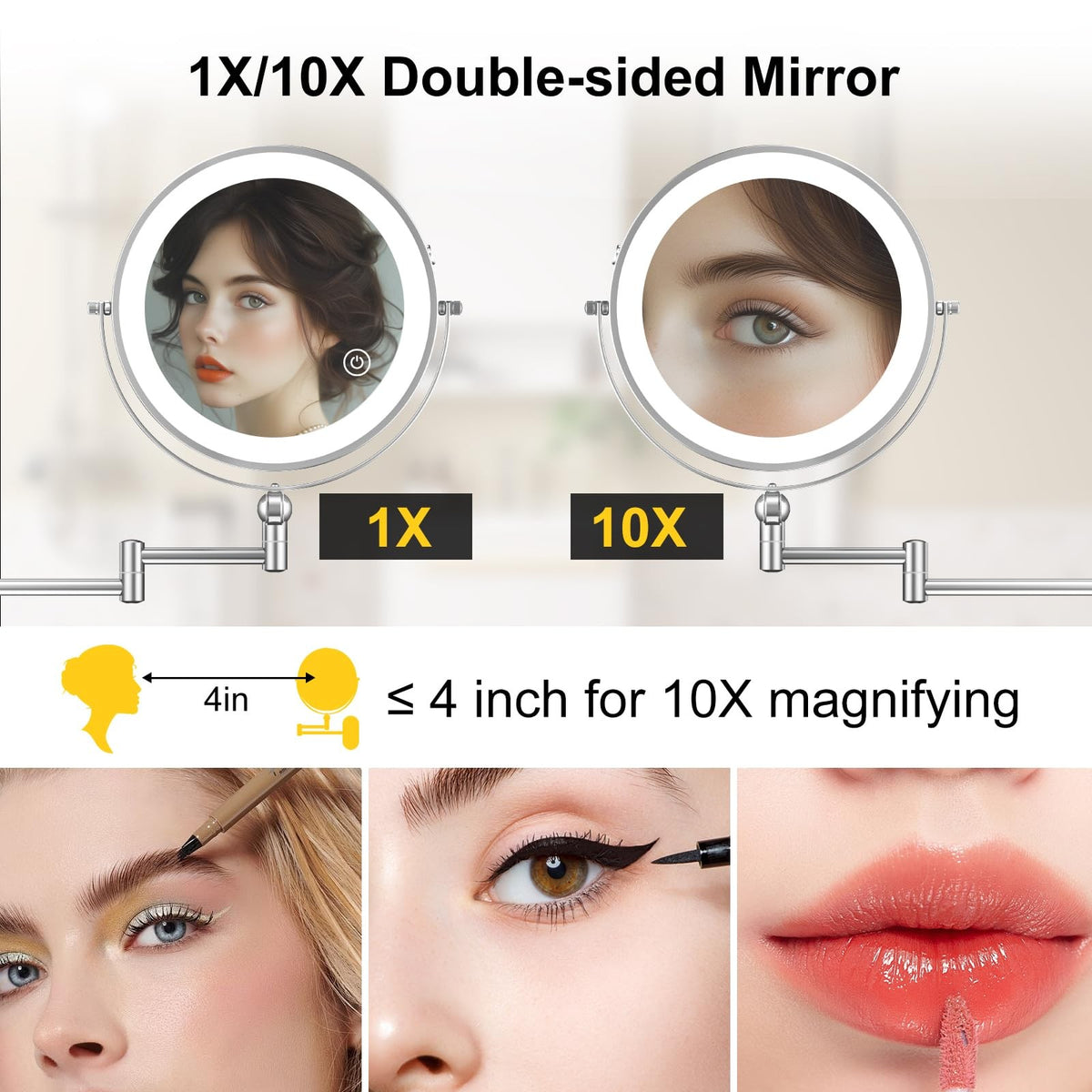 9-Inch Wall Mounted Lighted Makeup Mirror with Rechargeable Battery