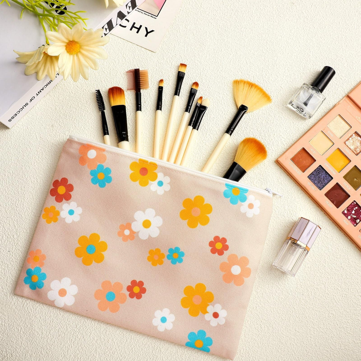 12 Pack Daisy Floral Makeup Bags Set - Portable Cosmetic Toiletry Organizer