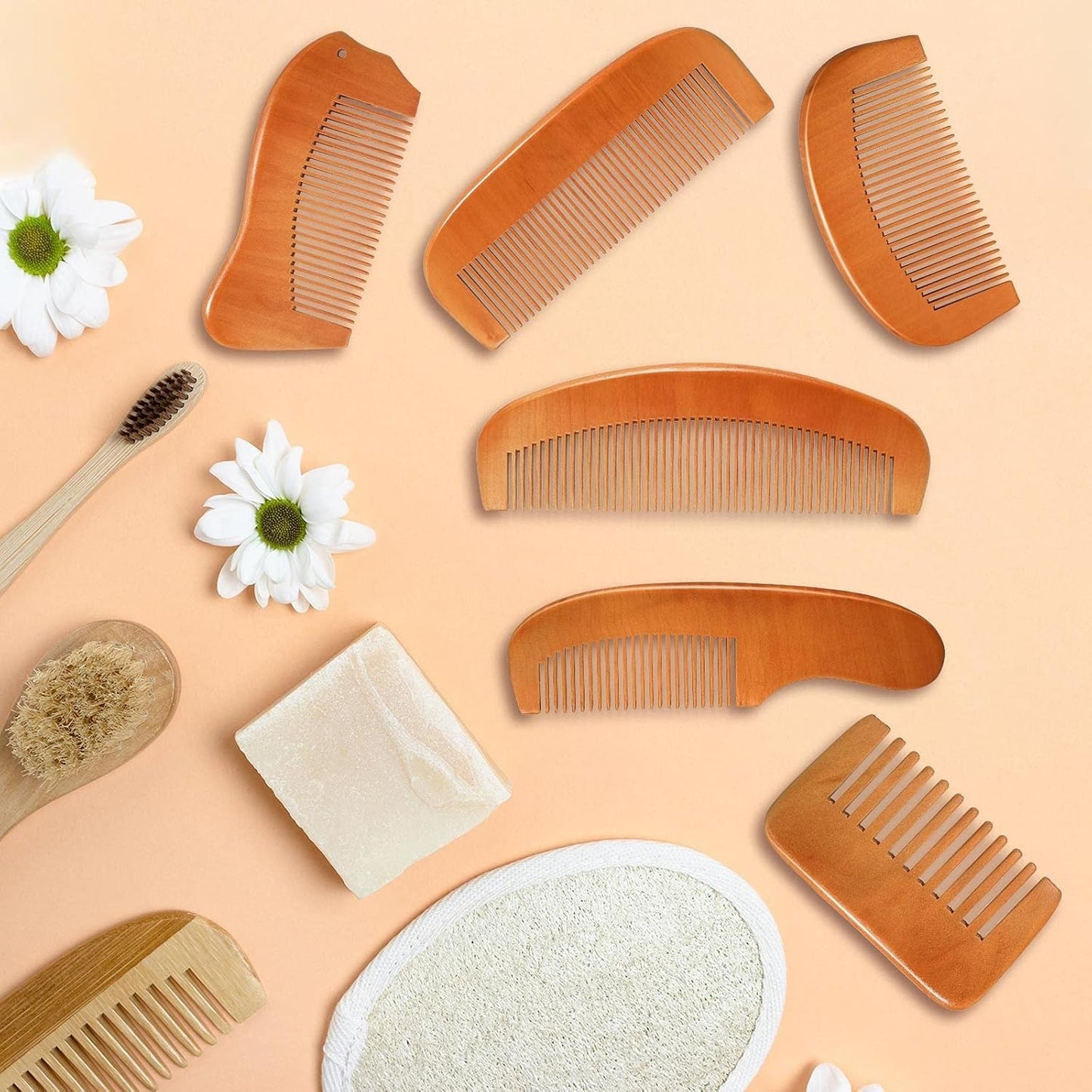 Natural Sandalwood Comb Set - 6 Anti-Static Grooming Combs for Hair & Scalp