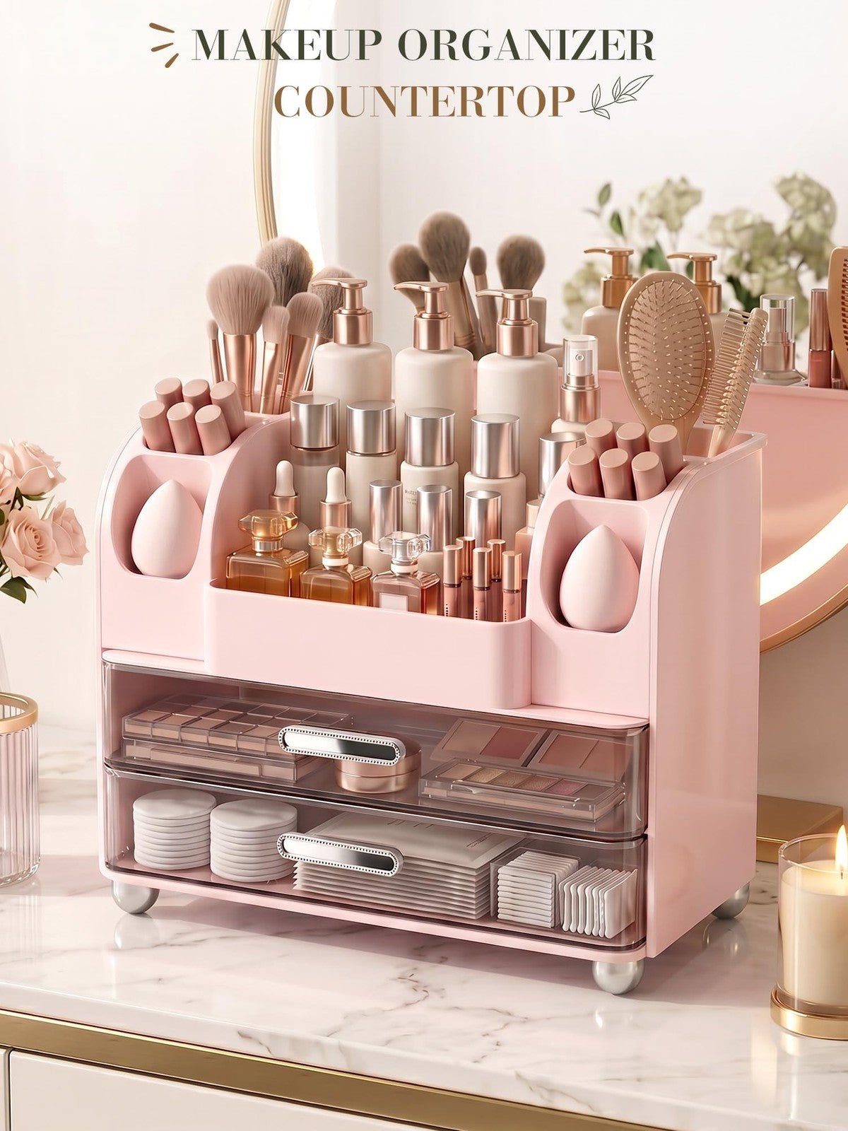 Large Makeup Organizer for Vanity Countertop with Drawers and Side Slots