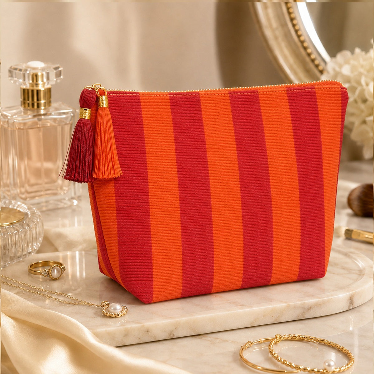 Travel Cosmetic Bag for Women - Red and Orange Stripe Canvas Makeup Case
