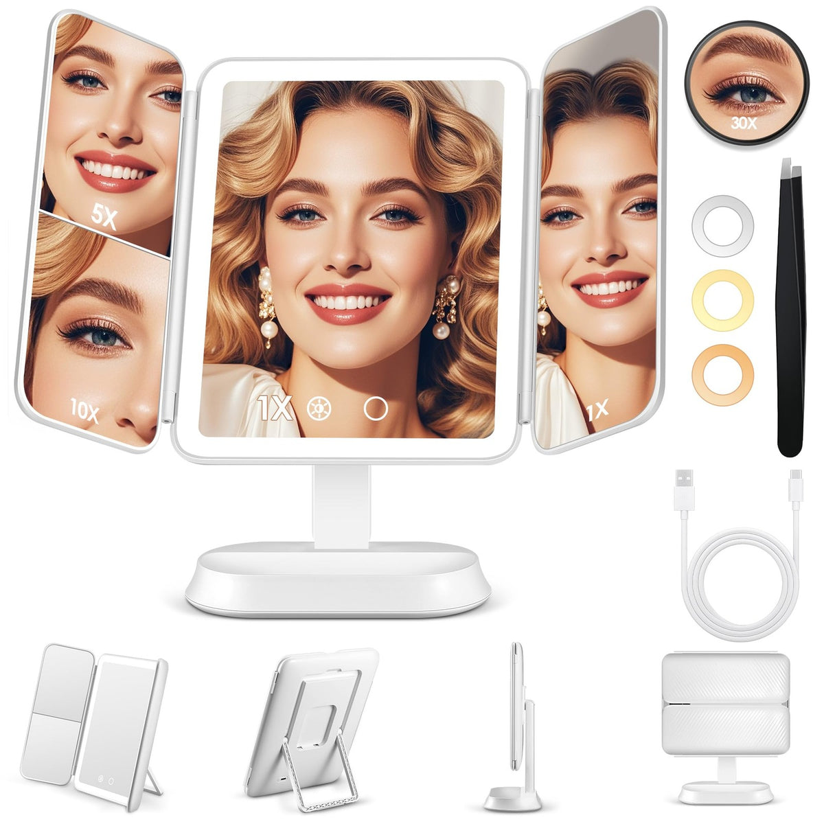 Lighted Makeup Vanity Mirror with 30X 10X 5X Magnification Rechargeable Dimmable LED