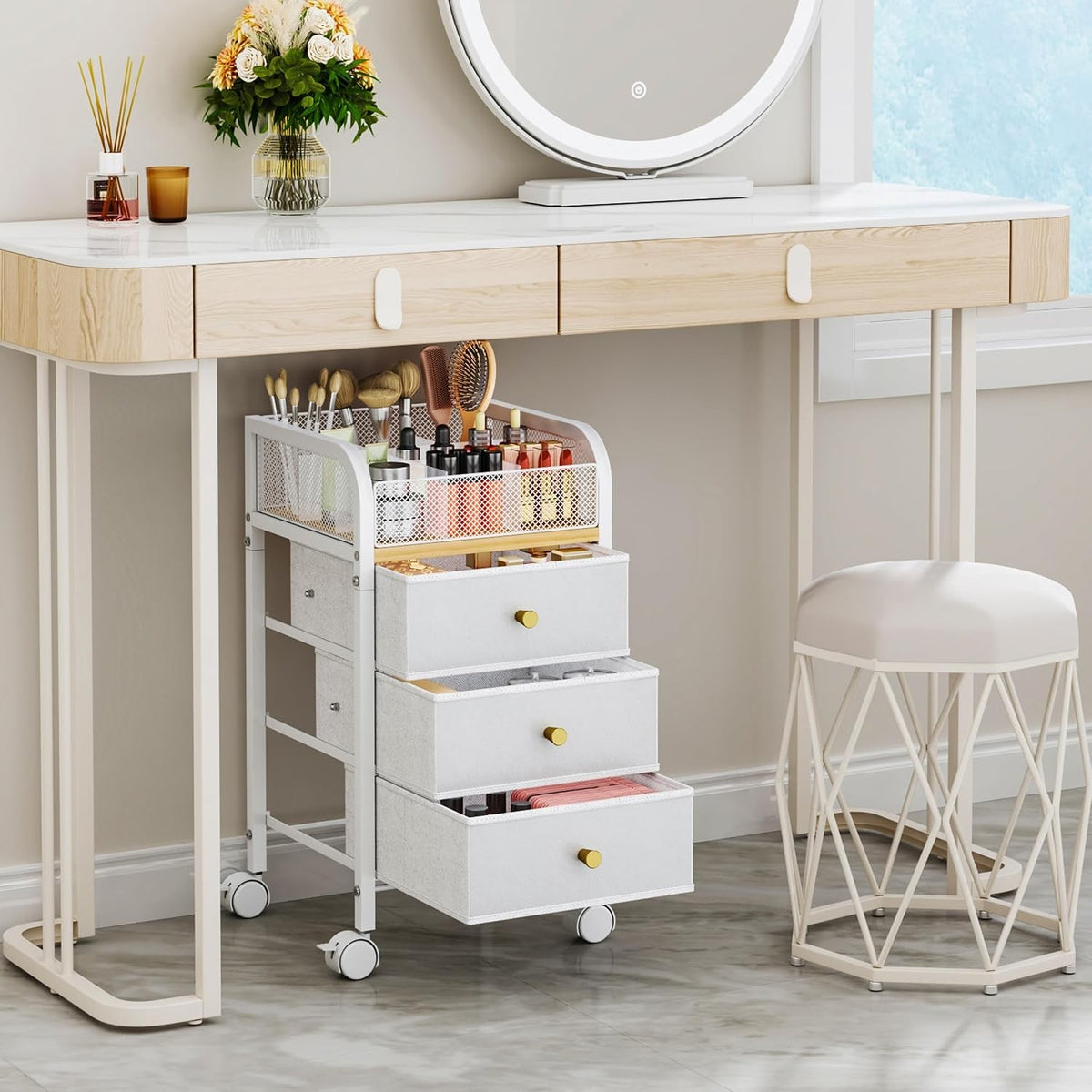 Rolling Makeup Organizer Cart with 3 Non-Woven Drawers Under Desk Storage