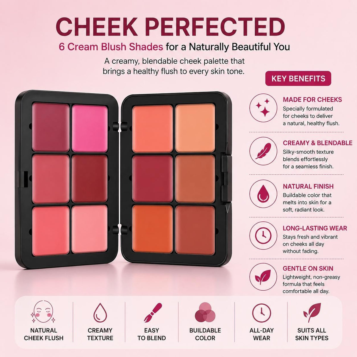 12-Color Cream Blush Palette with Brush - Matte Waterproof Long-Lasting Makeup