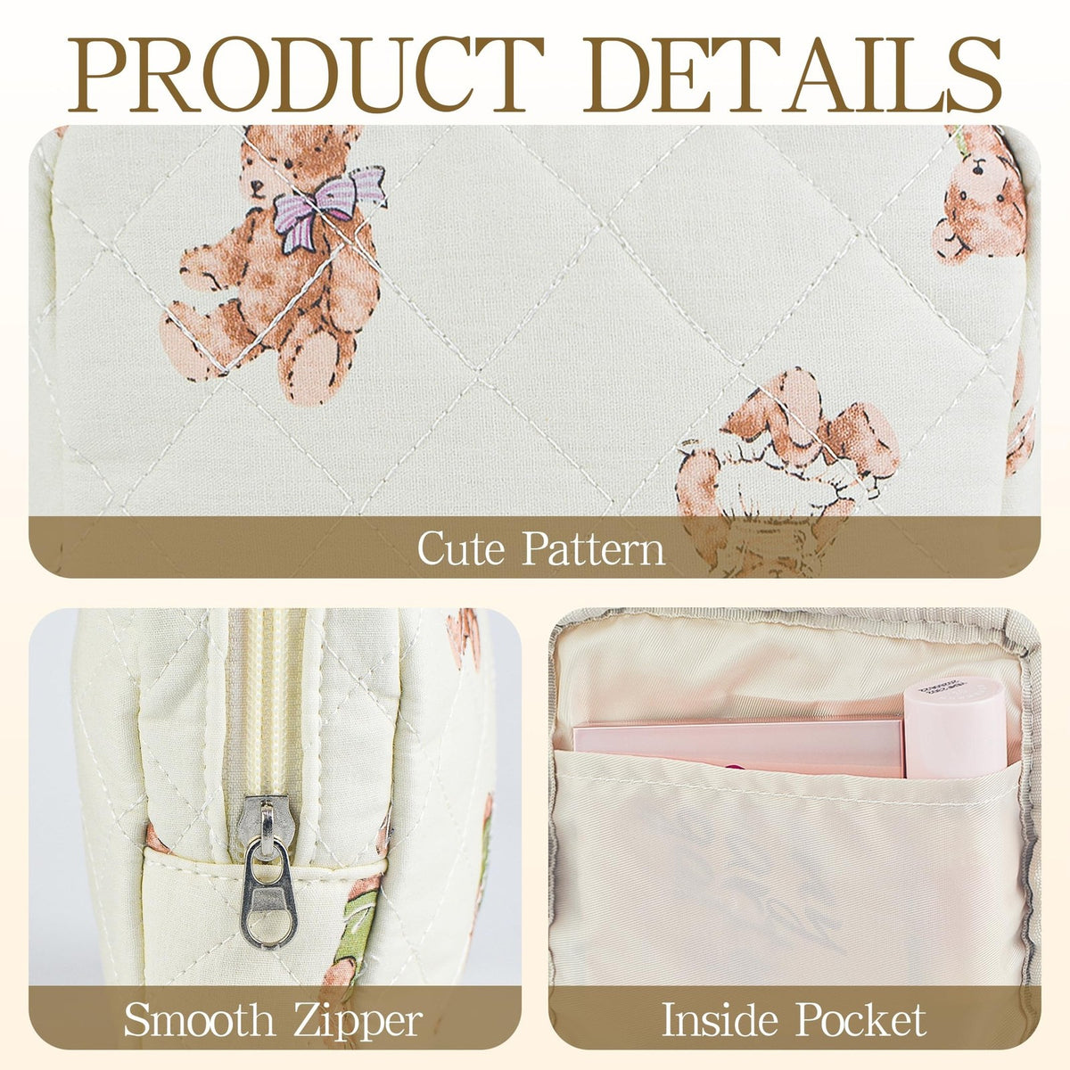 Small Floral Quilted Makeup Bag - Travel Toiletry Organizer for Women