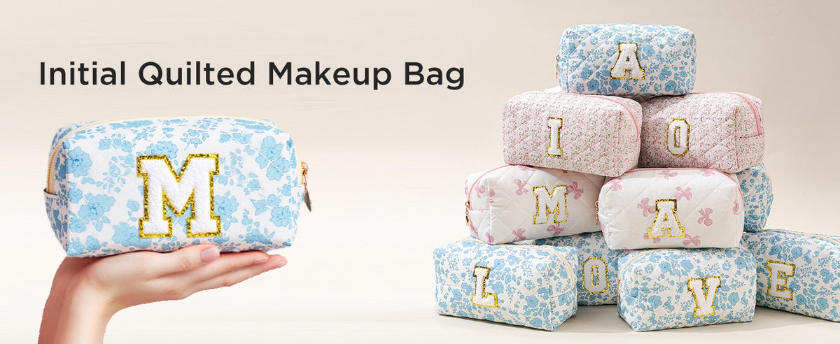 Personalized Makeup Bag for Women - Quilted Travel Cosmetic Organizer