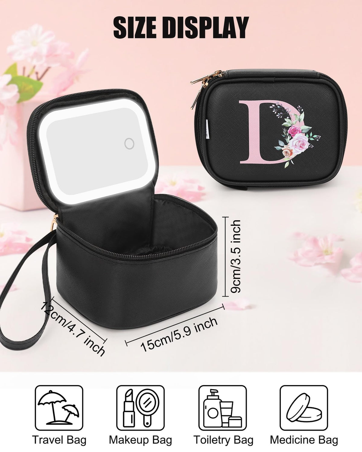 Mini Makeup Bag with LED Mirror - Water-Resistant Travel Cosmetic Organizer for Women and Girls