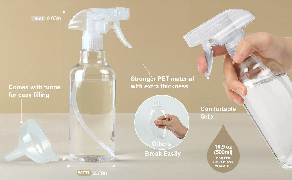 Heavy Duty Plastic Spray Bottles 16.9oz 2-Pack with Mist & Stream Modes