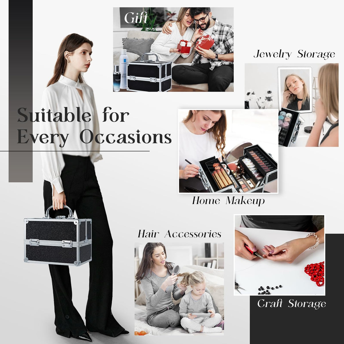Black Portable Makeup Train Case with Lock & Multi-Tier Organizer