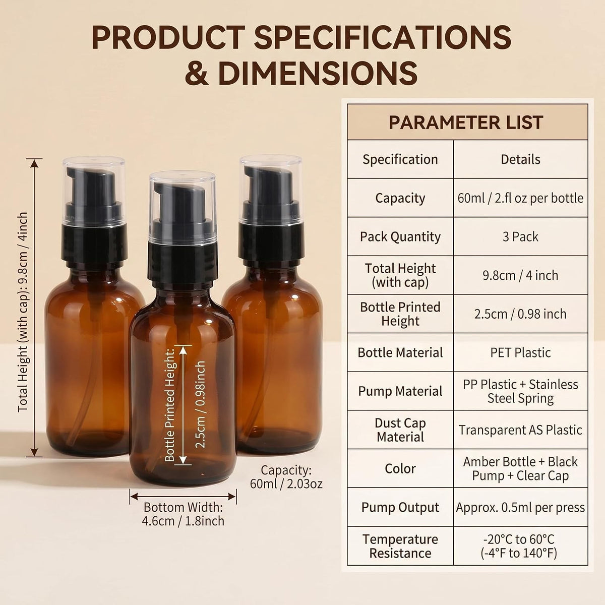 3 Pack 60ml Amber Plastic Travel Lotion Bottles with Pump Dispenser