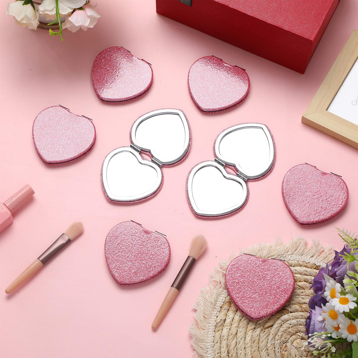 Pink Heart Compact Mirror Set - 24 Magnifying Travel Makeup Mirrors for Women & Mom Gift