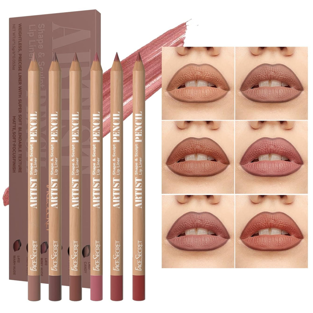 Waterproof Nude Brown Lip Liner Set - 6 Shades, Smudge-Proof & Long-Lasting