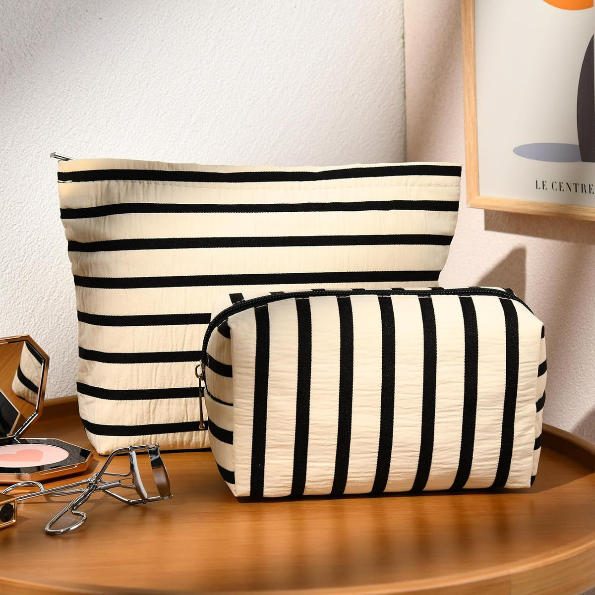 Large Stripe Makeup Bag Set - Travel Cosmetic Organizer, Waterproof Canvas
