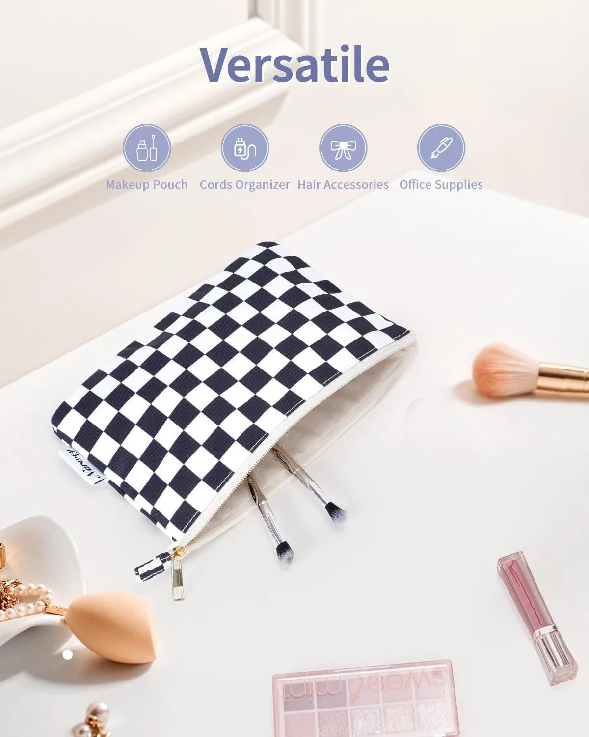 Small Checkered Makeup Bag for Purse - AB-Black Checkerboard Cosmetic Bag