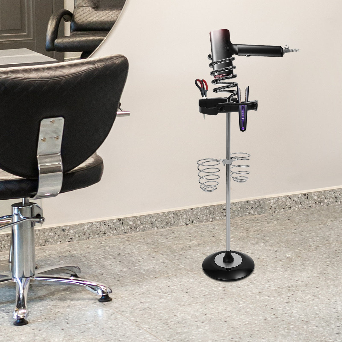 Freestanding Hair Dryer Stand with Tray & Spiral Holders, Black