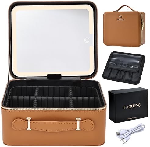Travel Makeup Organizer Bag with LED Lighted Mirror - Waterproof Leather, 9.64 Inch
