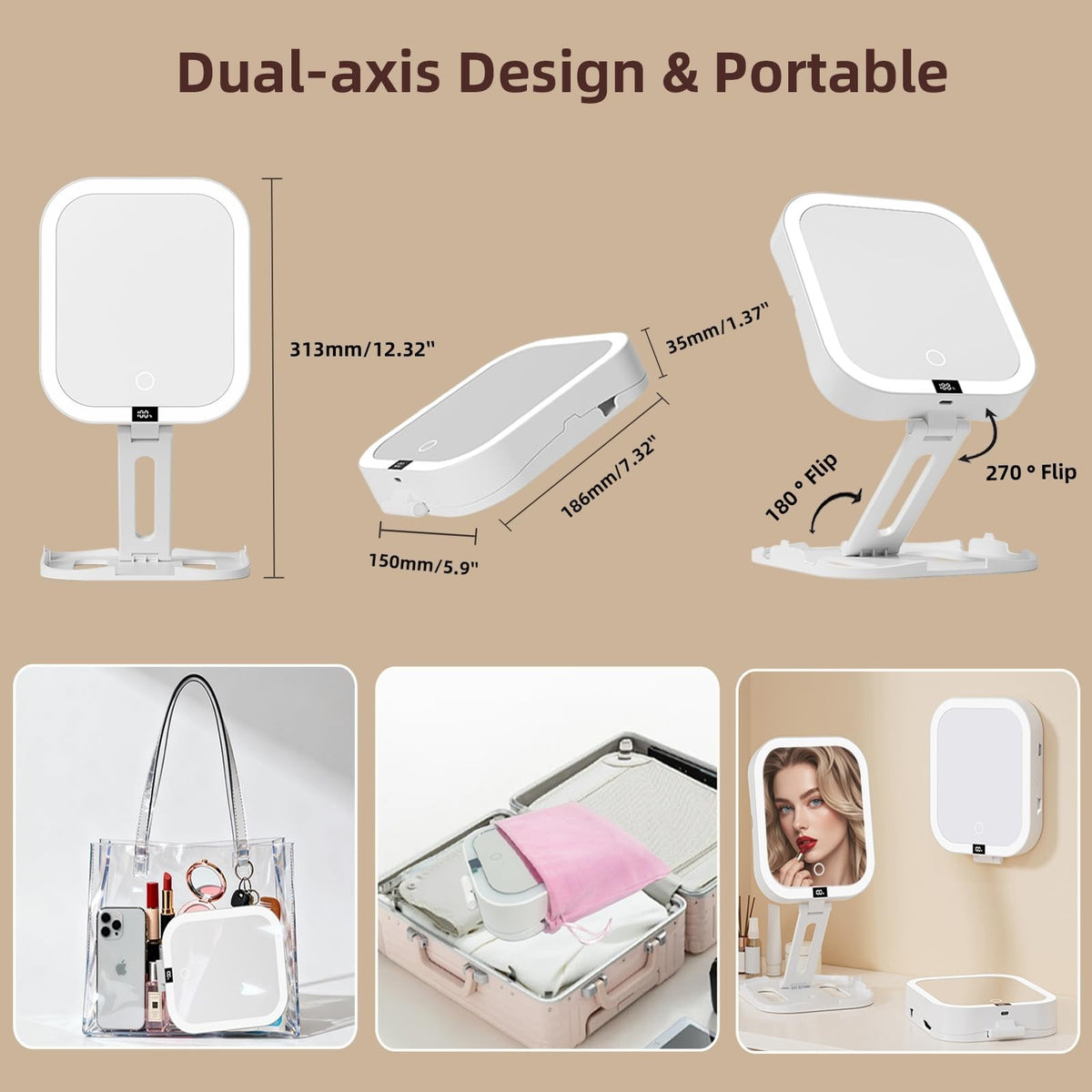 Travel Makeup Mirror with 1X/10X Magnification, Dimmable LED Touch Screen, Rechargeable