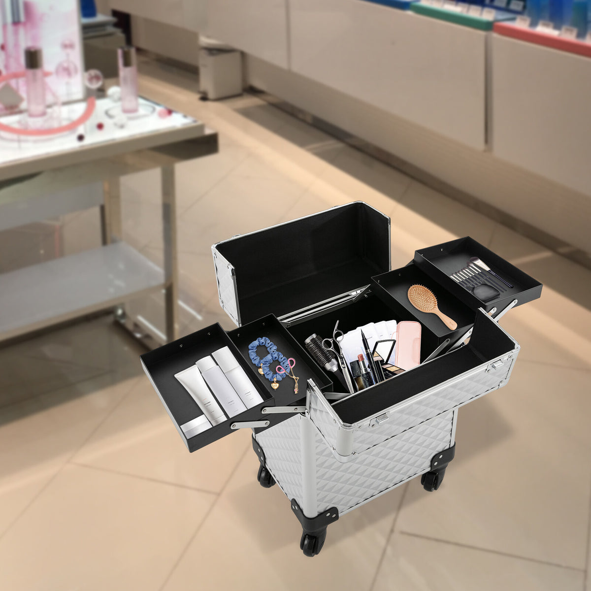 Professional Makeup Case with Foldable Tiers and Wheels - Large Storage Organizer