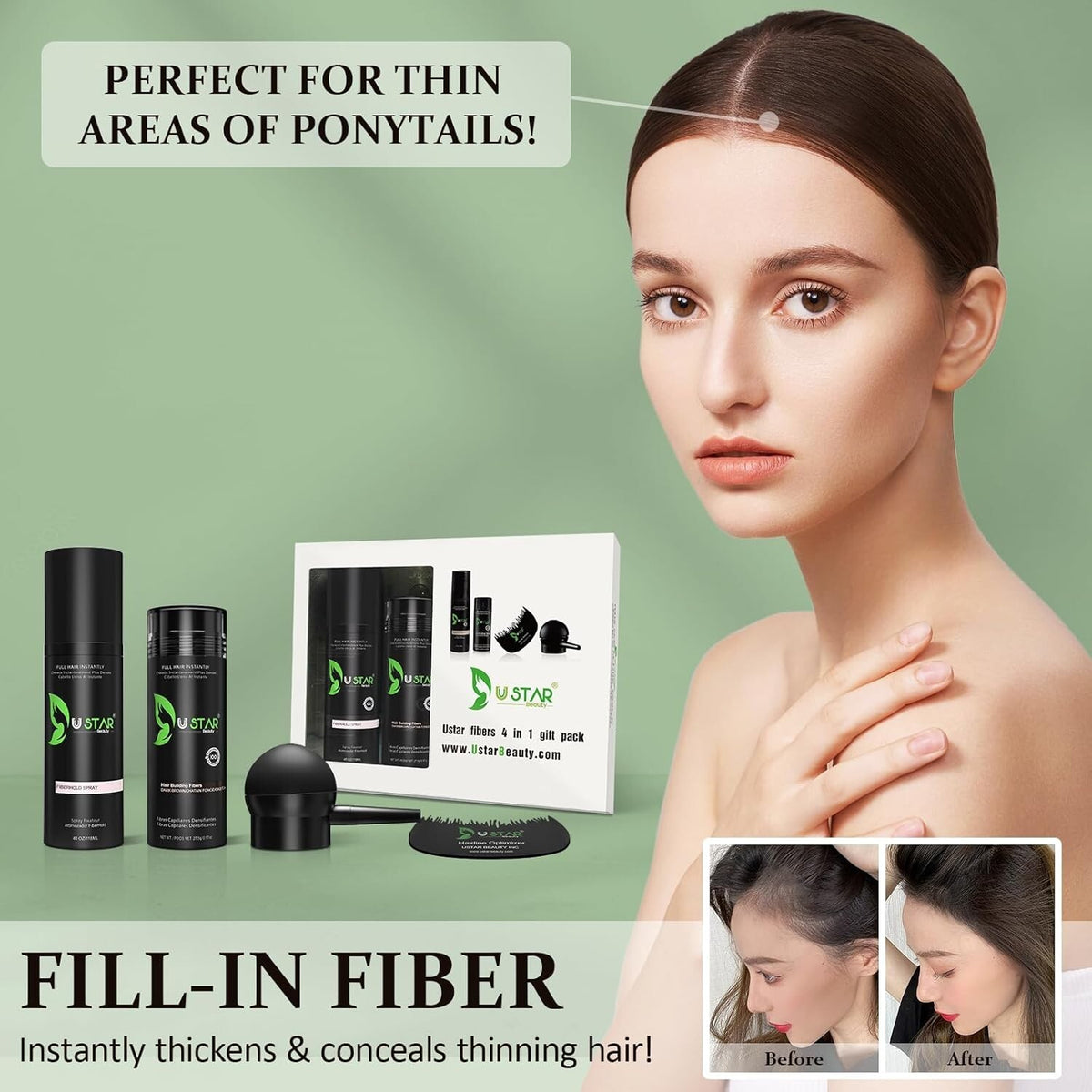 Hair Building Fibers Spray Powder - Natural Black (4-in-1 Kit)
