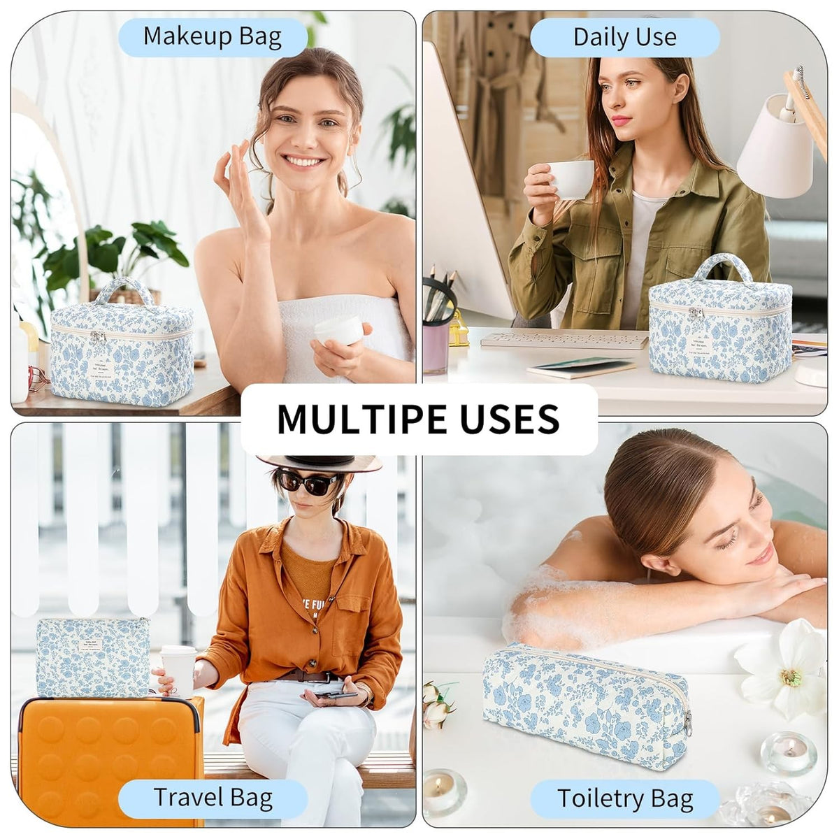 Large Floral Makeup Bag Set - Cotton Quilted Cosmetic Pouches for Women