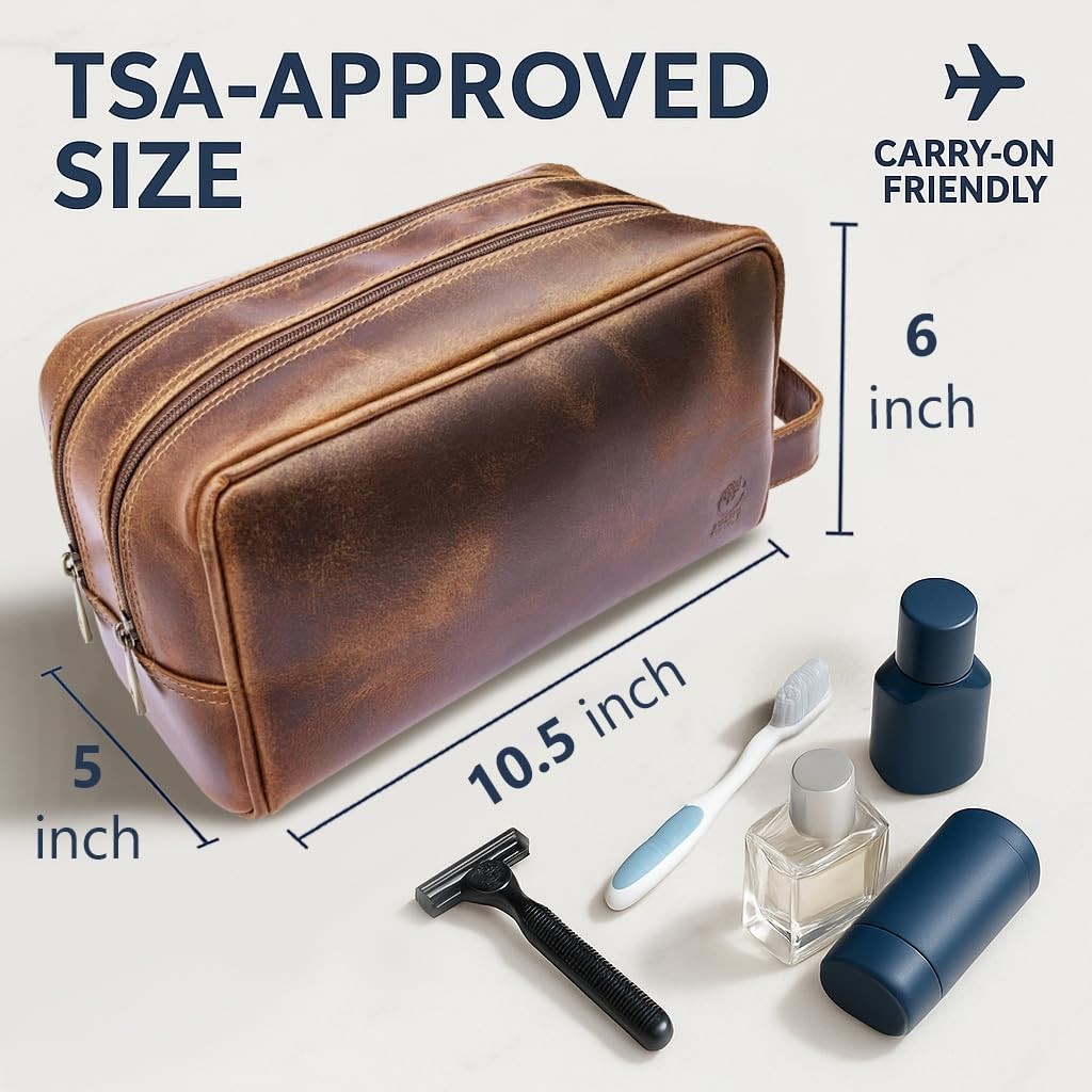 Antique Brown Leather Travel Toiletry Bag for Men and Women - Shaving & Cosmetic Organizer