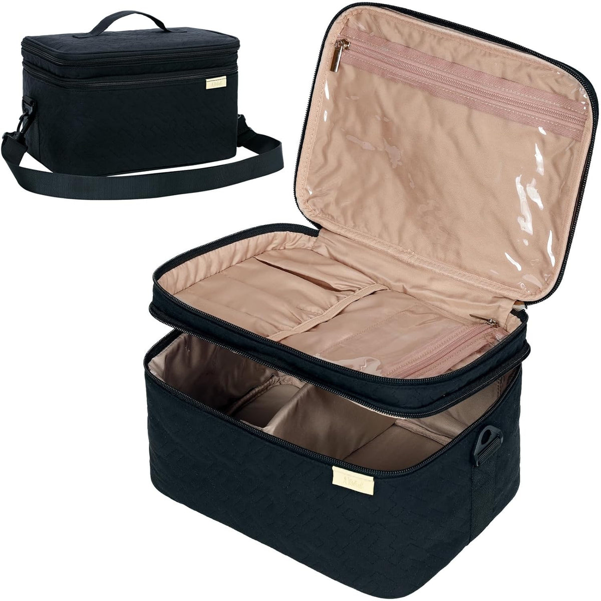 Double Layer Makeup Bag Organizer Travel Cosmetic Case with Adjustable Dividers