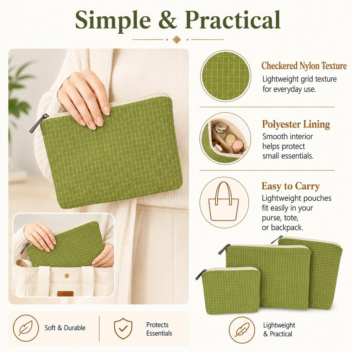 Travel Organizer Pouches Set - 3-Pack Green Checkered Nylon Makeup & Card Pouches