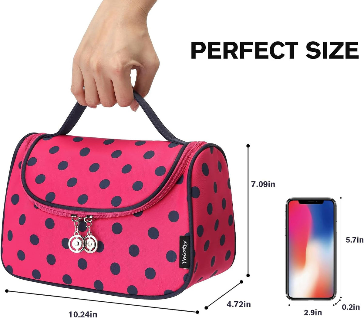 Travel Cosmetic Bag for Women - Hanging Makeup Organizer & Polka Dot Design