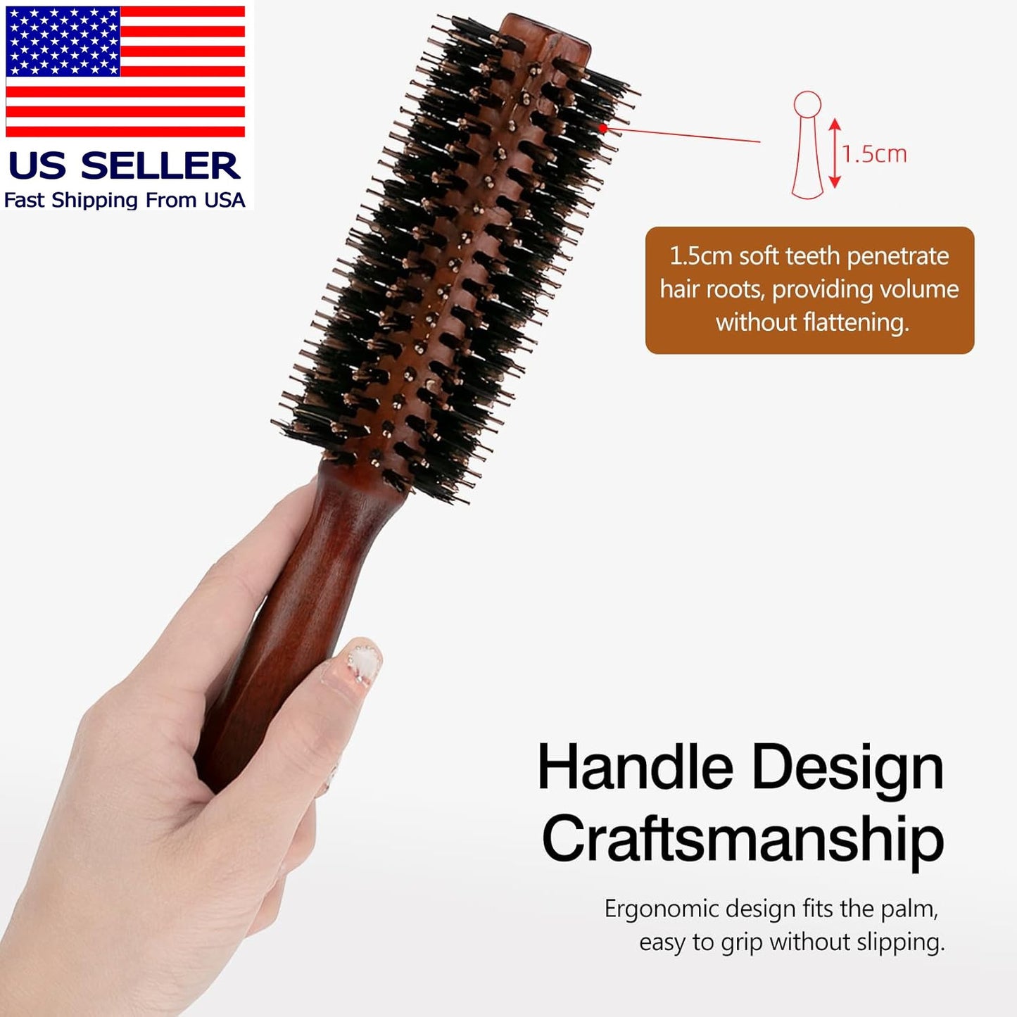 Round Boar Bristle Hair Brush with Wooden Handle for Styling & Detangling