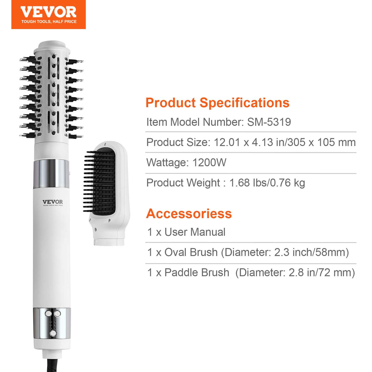 Hair Dryer Brush Ionic Hot Air Styler with 2 Brush Attachments for Quick Drying & Volumizing
