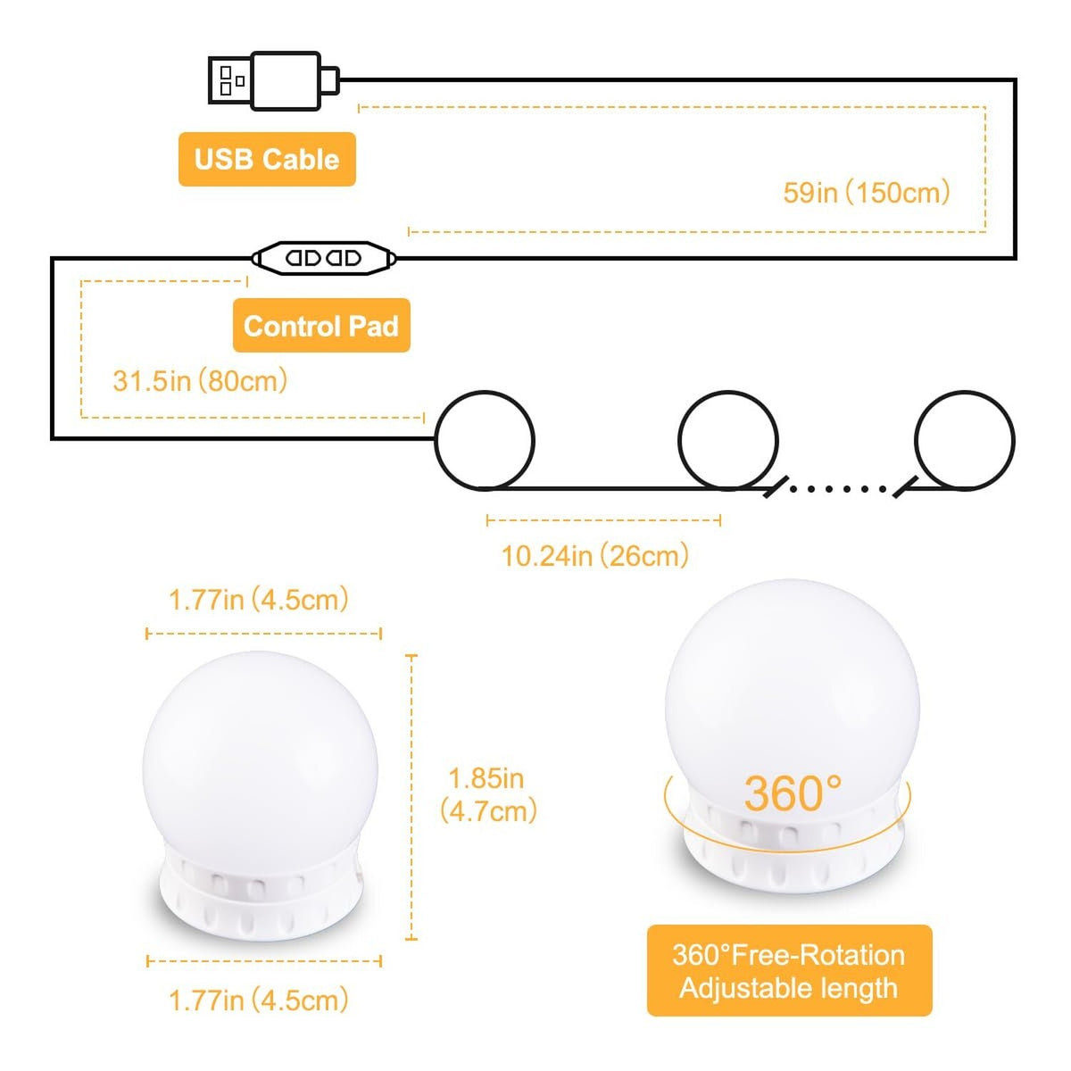 Hollywood Style LED Vanity Lights for Mirror with Dimmable Bulbs
