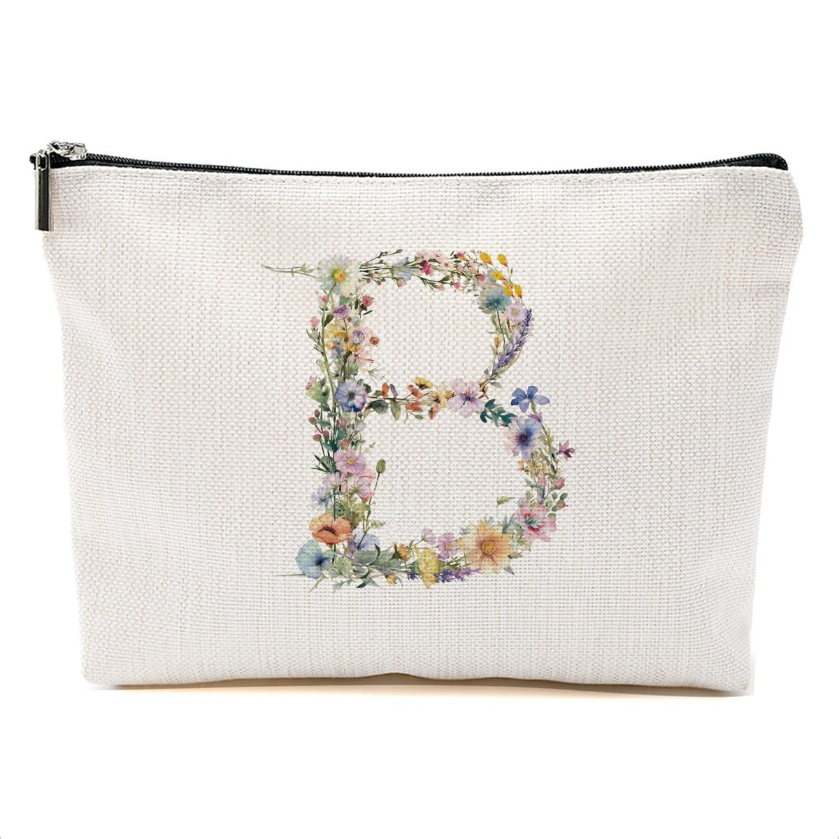 Personalized Flower Initial Makeup Bag - Monogram Cosmetic Pouch for Women & Girls