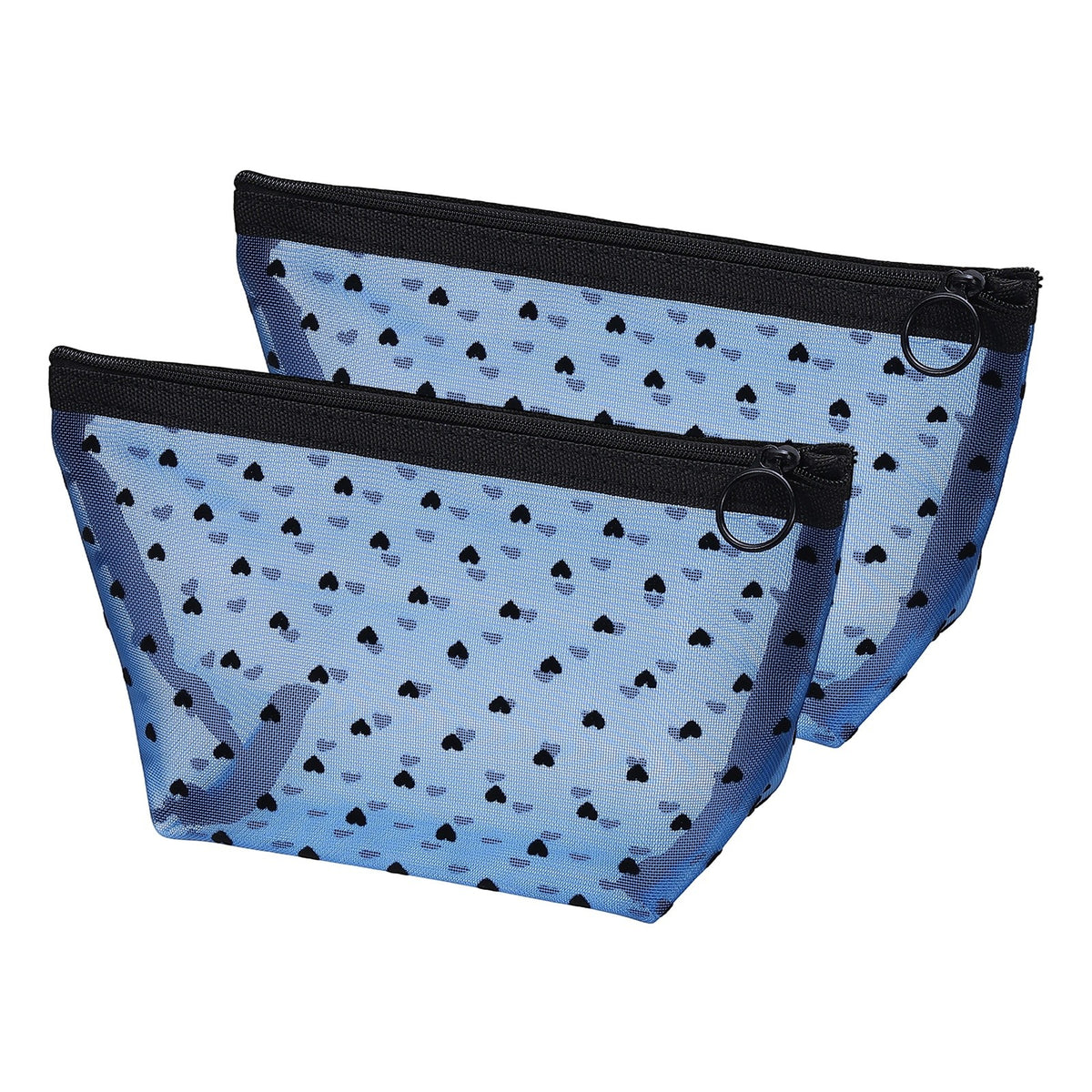 2 Pack Mesh Makeup Bags with Heart Print - Portable Cosmetic Organizer