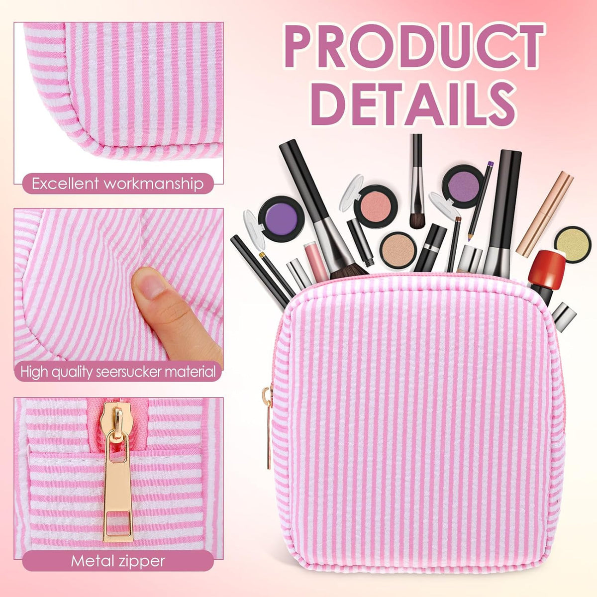 Seersucker Cosmetic Bag - Striped Makeup Travel Organizer for Women
