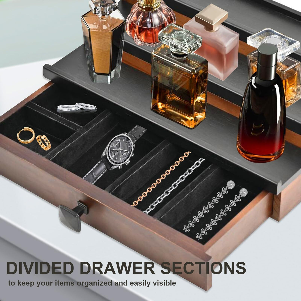 Wooden Cologne Organizer Stand for Men 3 Tiers with Drawer and Hidden Compartment