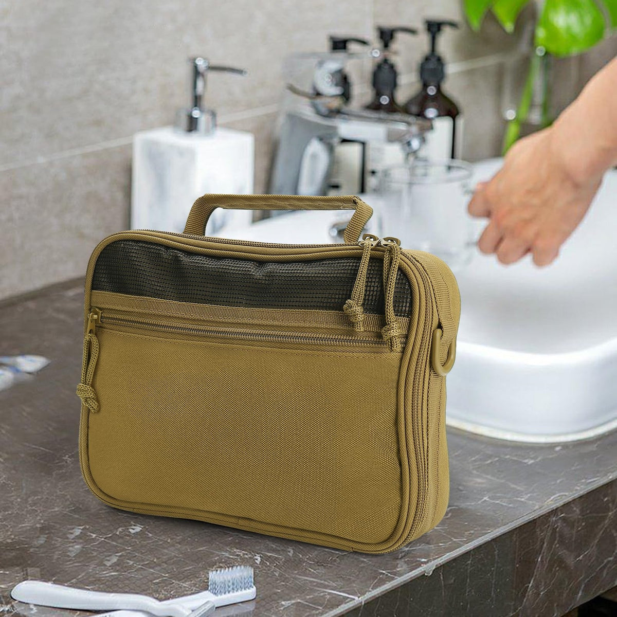 Men's Travel Toiletry Bag Hanging Organizer with Multiple Compartments - Khaki