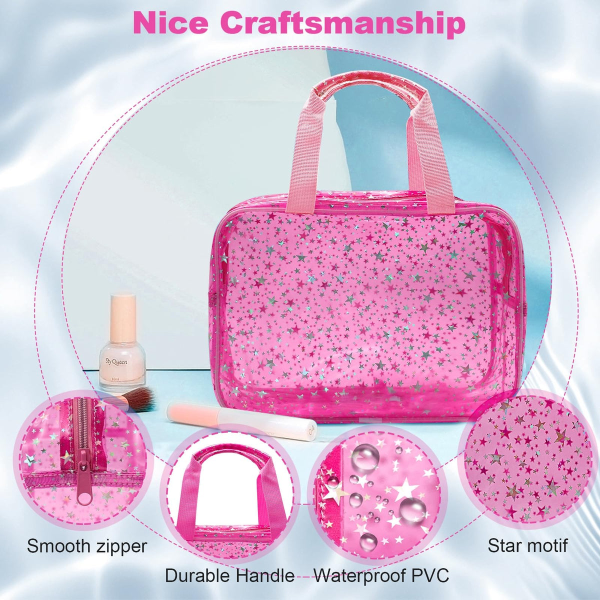 Large Clear Red Star Makeup Bag - Travel Cosmetic Organizer with Handle