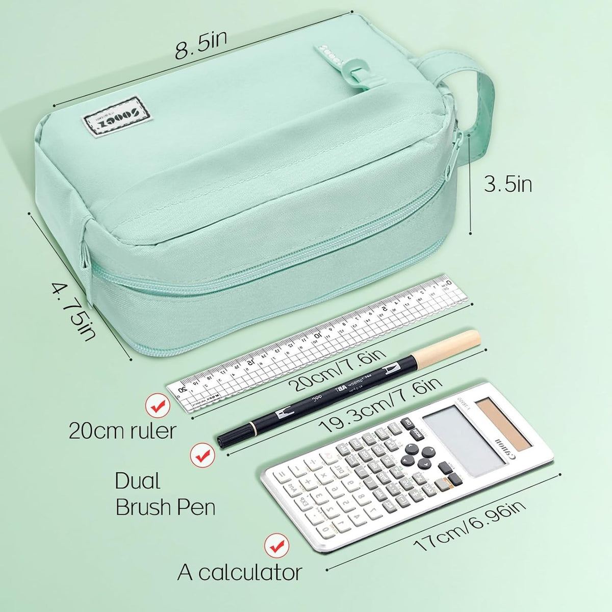 Large Mint Green Pencil Case with Handle, Multiple Compartments & Zipper