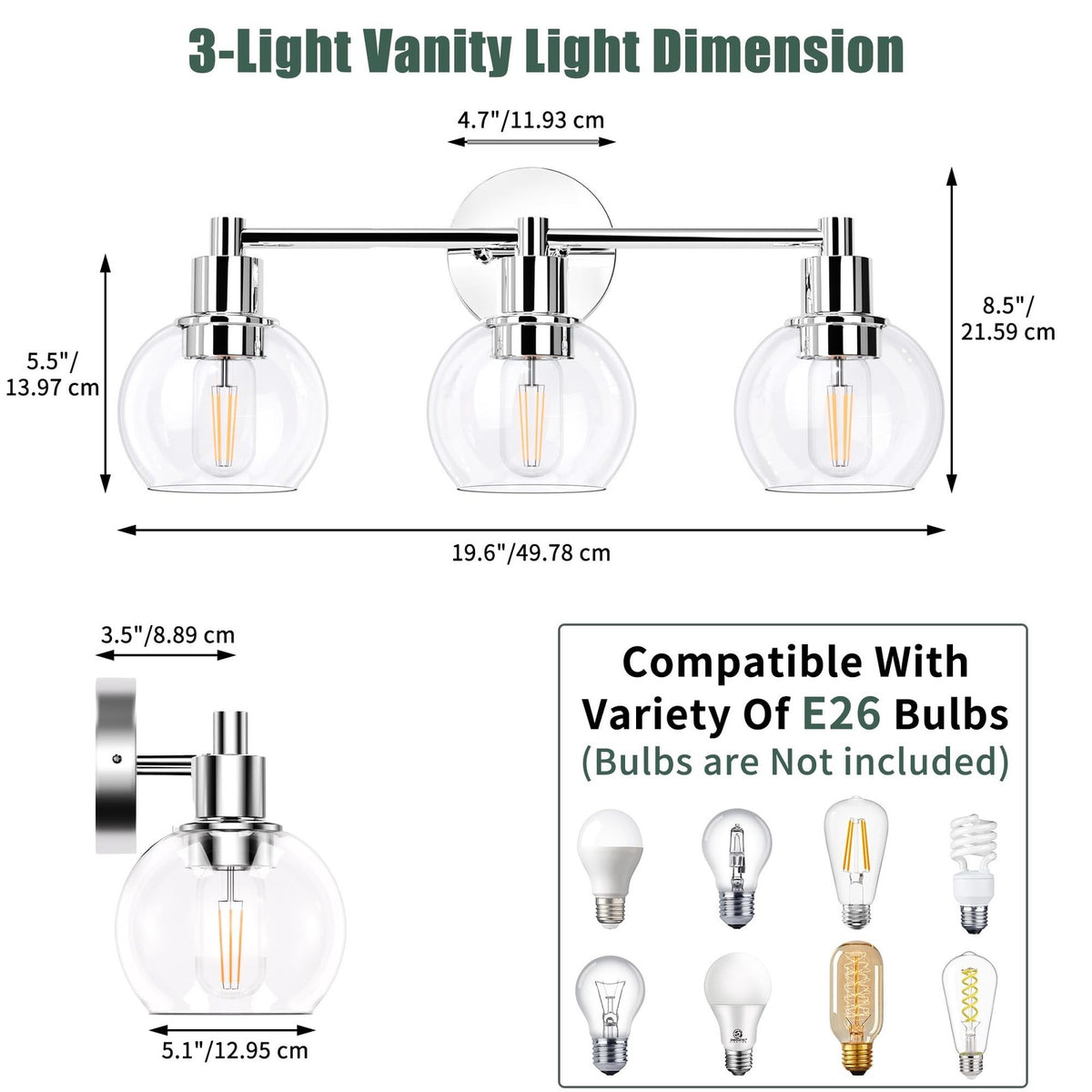 3-Light Bathroom Vanity Light Fixture Chrome Modern Wall Sconce