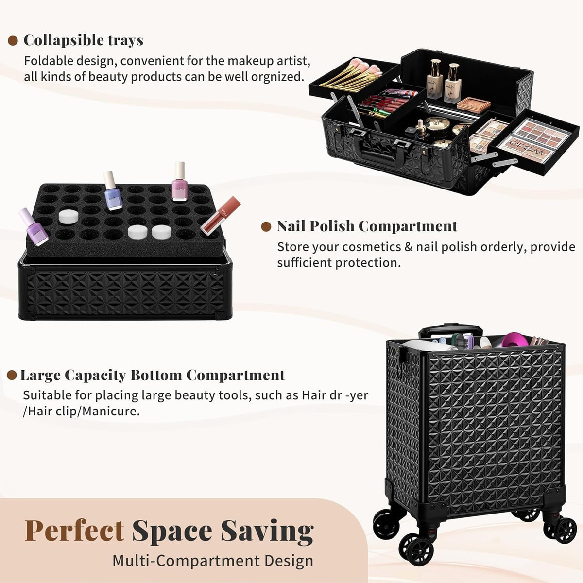 3-in-1 Rolling Makeup Case with Detachable Compartments & Lockable Storage
