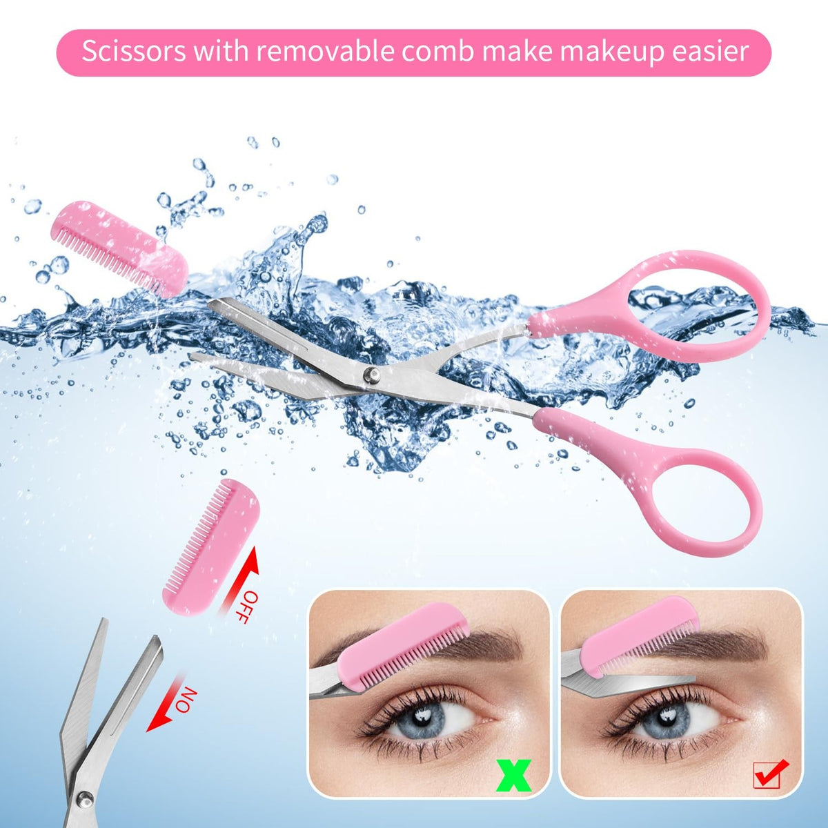 Eyebrow Scissors with Comb and Razor – Professional Stainless Steel 3-Pack (Black, Pink, Blue)