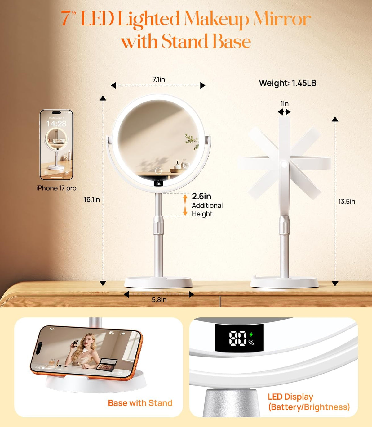 7-Inch Lighted Makeup Mirror with 20x Magnification, Digital Display