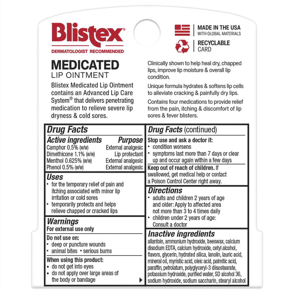 Medicated Lip Ointment for Severe Dryness and Cold Sores - 0.35 Oz