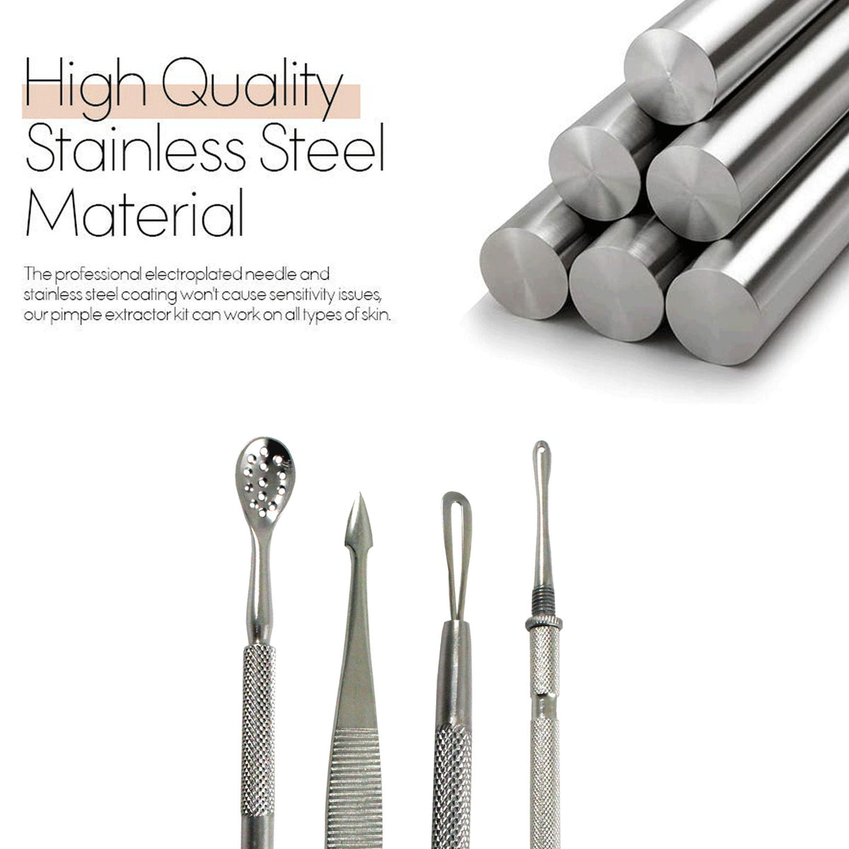 Stainless Steel Blackhead Remover Tools Kit - 4 Piece Acne Extraction Set