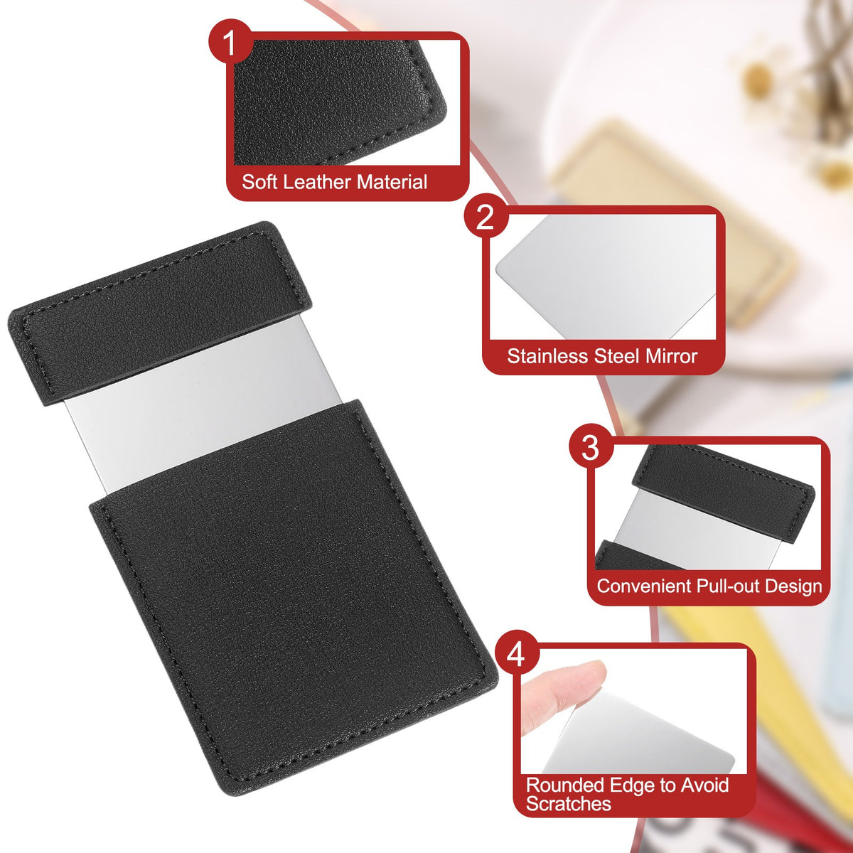 Small Travel Pocket Mirror Stainless Steel Black 2.44x3.74 Inch