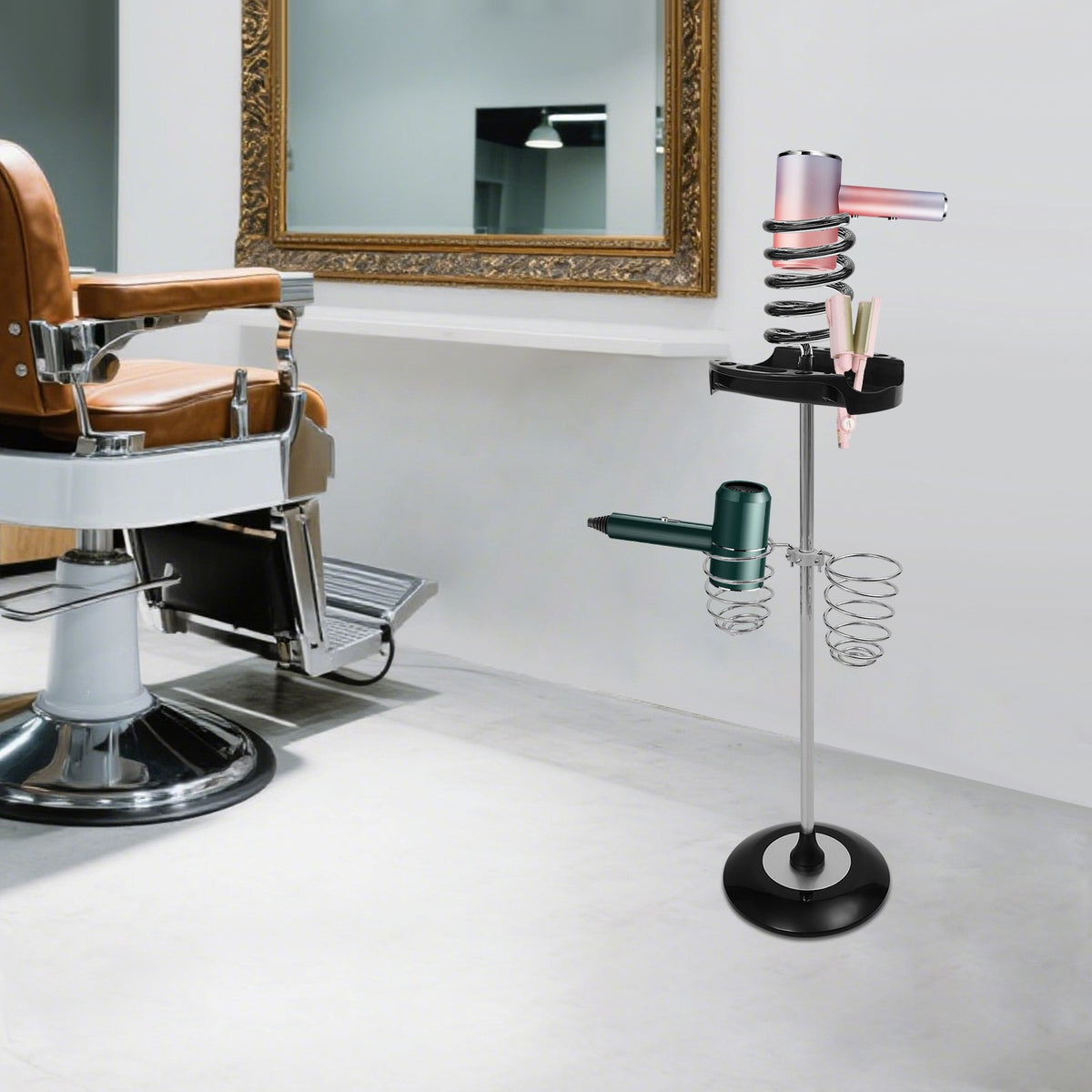 Freestanding Hair Dryer Stand with Tray & Spiral Holders - Black