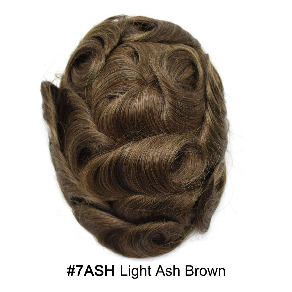 French Lace Front Human Hair Toupee Replacement System with Poly Skin Base